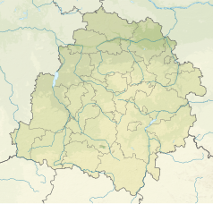 Mapa konturowa województwa łódzkiego, na dole znajduje się punkt z opisem „źródło”, poniżej na lewo znajduje się również punkt z opisem „ujście”