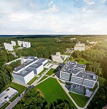 Aerial view of modern buildings and green space