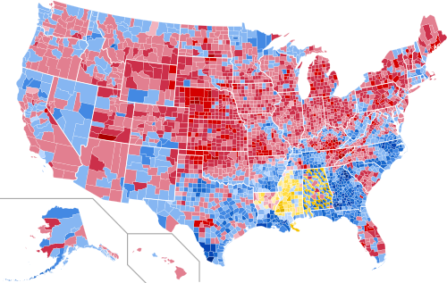 Results by county, shaded according to winning candidate's percentage of the vote