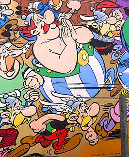 Asterix-stripmuur in Brussel, 2011. Obelix wrijft er in de handen.