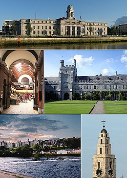 Fan boppe ôf, lofts nei rjochts: Stedhûs, de English Market, fjouwerkant yn UCC, de rivier Lee, Shandon Steeple.