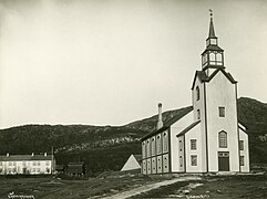 Gildeskål Church, wood, neo-gothic, long church (1881) photo (1890) Thomhav /Riksantikvaren