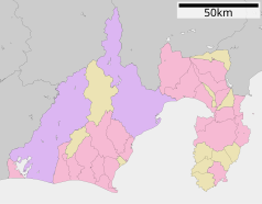 Mapa konturowa prefektury Shizuoka, na dole po prawej znajduje się punkt z opisem „Kawazu”