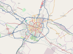 Mapa konturowa Saragossy, blisko centrum na lewo znajduje się punkt z opisem „Zaragoza-Delicias”