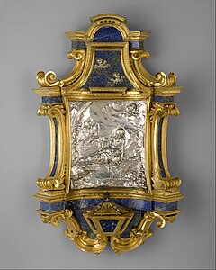 Baroque volutes on a holy-water stoup with relief of Mary of Egypt, by Giovanni Giardini and Benedetto Luti, c.1702, lapis lazuli, silver, and gilded bronze, Metropolitan Museum of Art