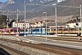 Des rames AOMC, ASD et AL dans leurs anciennes livrées en gare d'Aigle en 2010.