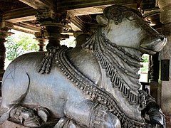 12th-century second Nandi facing second Shiva shrine at Shaivism Hindu temple Hoysaleswara arts Halebidu Karnataka India.jpg