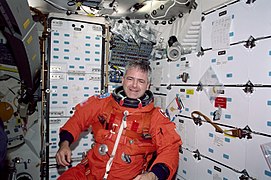 MS Garneau in his LES during re-entry preparations for STS-97.jpg