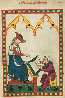 Zeichnung aus dem Codex Manesse. Konrad von Würzburg diktiert einem Schreiber.