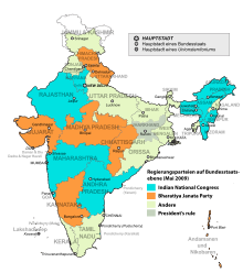 Regierungsparteien auf Bundesstaatsebene unmittelbar nach der Wahl 2009 und vor der Wahl 2014 ﻿Indischer Nationalkongress ﻿Bharatiya Janata Party ﻿Andere ﻿President’s rule