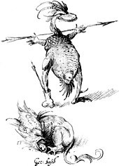 At the top, a humanoid creature with the head and lower torso of a duck stands, holding a spear with its humanoid hands attached to a scaly tortoise-like upper body. At the bottom, a creature, with a parrot-like head and a lion's torso, lies on the ground, bellowing.