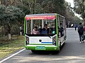 一輛懸掛綠色場內號牌的電動觀光車，攝於湖北省武漢龍靈山生態公園