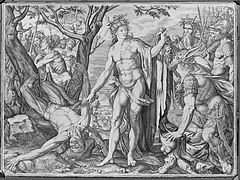 Apollo flaying Marsyas. Engraving by Melchior Meyer. Wellcome L0003099.jpg