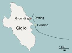 Deviation (from 21:30 UTC+1) leading to disaster (21:45 UTC+1) and grounding (23:00 UTC+1)[44]