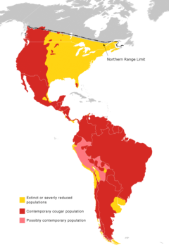 Distribuição geográfica da onça-parda.   Presente   Extinta ou severamente ameaçada