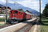 HGe 4/4 I vor einem Güterzug der damaligen Furka-Oberalp-Bahn um das Jahr 1980