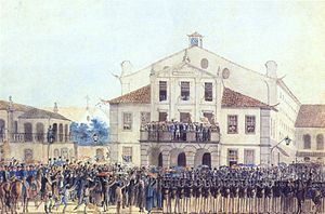 Colored sketch depicting a crowd of civilian and military figures standing and waving before the crowded balcony of a pedimented building with people looking on from its windows