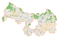 Mapa konturowa powiatu legnickiego, blisko centrum na dole znajduje się punkt z opisem „Pawłowice Małe”