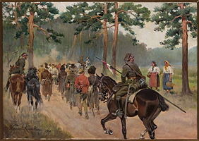 Ulans exporting prisoners on forest road label QS:Len,"Ulans exporting prisoners on forest road" label QS:Lpl,"Ułani eksportujący jeńców na leśnej drodze" , oil on canvas medium QS:P186,Q296955;P186,Q12321255,P518,Q861259 , 1927, National Museum in Warsaw (MNW)