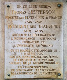 Memorial plaque on the Champs-Élysées, Paris, France, marking where Jefferson lived while U.S. Minister to France.