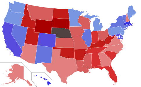 Lower house seats by party holding majority in each state Republican  50–60%  60–70%  70–80%  80–90%  90–100% Democratic  50–60%  60–70%  70–80%  80–90%