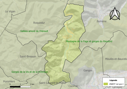 Carte des ZNIEFF de type 2 sur la commune.