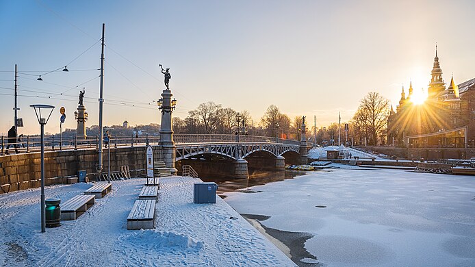 Djurgårdsbron in the morning, towards the island Djurgården, Stockholm.