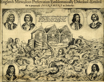 Inscription depicting two houses of Parliament and the Westminster Assembly on an ark. Various figures are drowning in the flood. Portraits of other figures surround the scene. "Englands Miraculous Salvation Emblematically Described, Erected for a perpetual Monument to Posterity" is printed above.