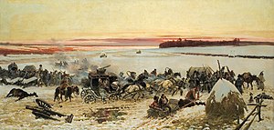 Napoleon's forces crossing the Berezina label QS:Len,"Napoleon's forces crossing the Berezina" label QS:Lpl,"Przejście wojsk Napoleona przez Berezynę" , 1895