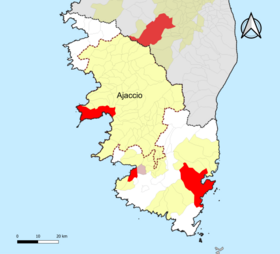 Localisation de l'aire d'attraction d'Ajaccio dans le département de la Corse-du-Sud.