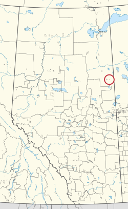 A map of the province of Alberta showing 80 counties and 145 small Indian reserves. One is highlighted with a red circle.