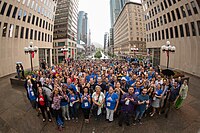 Group photo (the one in the rain, not the ballroom) of participants at Wikimania 2017 (Montreal, 2017)