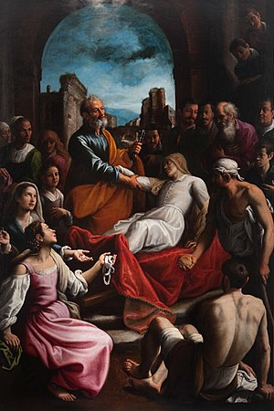 Fabrizio Santafede, Saint Pierre ressuscitant Tabitha, 1612, Pio Monte della Misericordia, Naples.