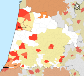 Localisation de l'aire d'attraction de Mimizan dans le département des Landes.