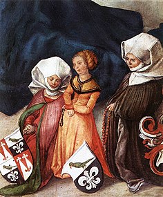 Barbara Paumgartner geb. Volckamer (rechts) und ihre Töchter, auf dem Paumgartner-Altar von Albrecht Dürer (nach 1503)