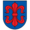 A coat of arms depicting a large, red fleur-de-lis that has a horizontal symmetry axis all on a blue background bordered by a black line