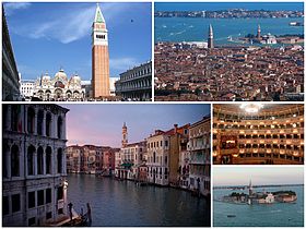 A collage of Venice: at the top left is the Piazza San Marco, followed by a view of the city, then the Grand Canal and interior of La Fenice, as well as the island of San Giorgio Maggiore.