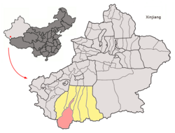 Location of Hotan County (red) in Hotan Prefecture (yellow) and Xinjiang