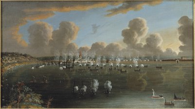 Battaillen vid Fredricshamn D: 15 Maij 1790, olja på duk av Johan Tietrich Schoultz, 1792, Nationalmuseum, Stockholm.