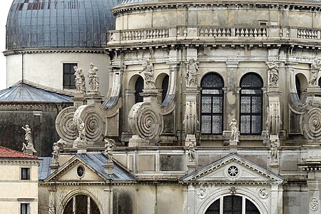 Baroque volutes on the Santa Maria della Salute, Venice, Italy, by Baldassare Longhena, 1631-1687