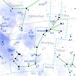 Diagram showing star positions and boundaries of the constellation of Scorpius and its surroundings