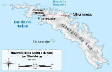 Carte de l'île de Géorgie du Sud montrant le trajet des hommes.