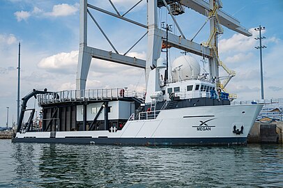 The vessel, now named Megan, at its home port at the West Basin in Port Canaveral, Florida on 25 February 2023.