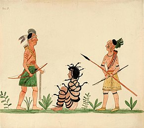 We see three Haudenosaunee men. Two are standing and one is sitting on the ground, entangled in snakes.