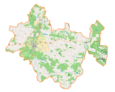 Mapa konturowa powiatu radomszczańskiego, po lewej znajduje się punkt z opisem „źródło”, poniżej na lewo znajduje się również punkt z opisem „ujście”