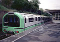 The Green 1986 prototype London Underground train at South Ealing station on the test track whilst undergoing trials.