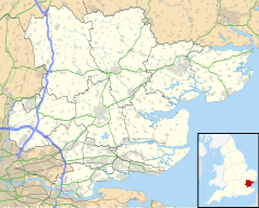 Mapa konturowa hrabstwa Essex, blisko lewej krawiędzi nieco na dole znajduje się punkt z opisem „Waltham Abbey”