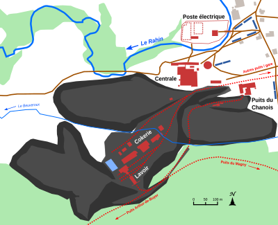 Schématisation des installations du puits, des terrils et cités minière.