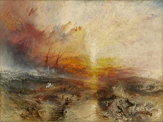 A painting entitled "The Slave Ship" by J. M. W. Turner. In the background, the sun shines through a storm while large waves hit the sides of a sailing ship. In the foreground, enslaved people are drowning in the water, while others are being eaten by large fish.