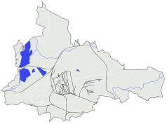 Mapa konturowa Dąbrowy Górniczej, po prawej nieco na dole znajduje się punkt z opisem „Łazy”